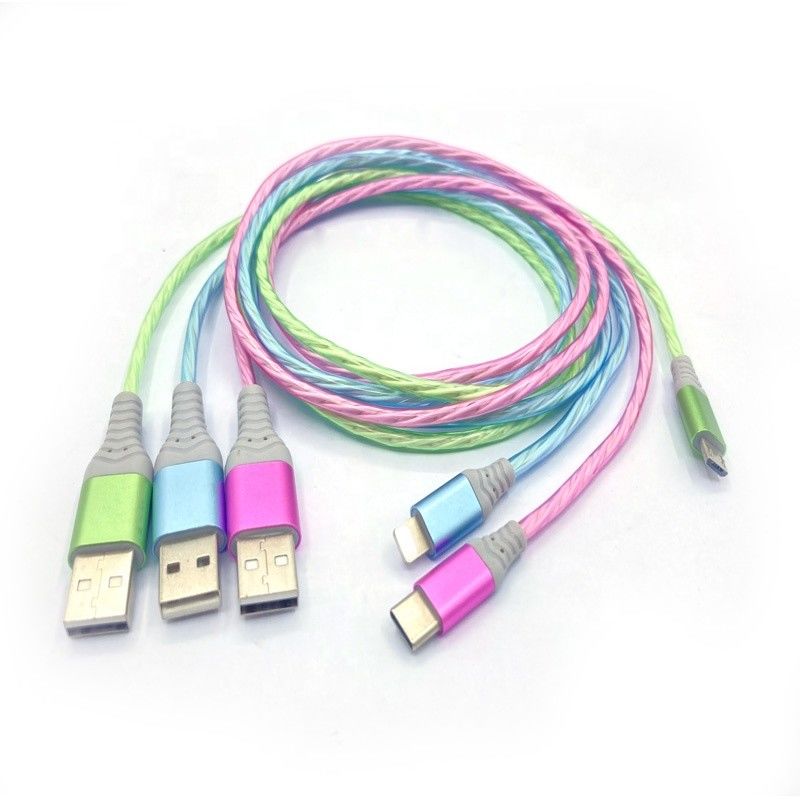 O carregamento rápido cabografa 3 em 1 tipo cabo de piscamento de carregamento colorido do relâmpago do cabo do diodo emissor de luz USB de C 3A