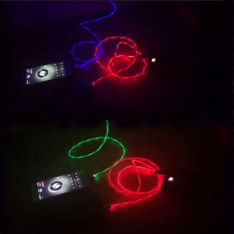O carregamento rápido cabografa 3 em 1 tipo cabo de piscamento de carregamento colorido do relâmpago do cabo do diodo emissor de luz USB de C 3A