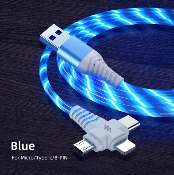 3in1 Flow Luminoso Iluminação cabo USB para Samsung 3 em 1 2in1 LED Micro USB Tipo C carregador 8Pin fio para iPhone Huawei Xiaomi