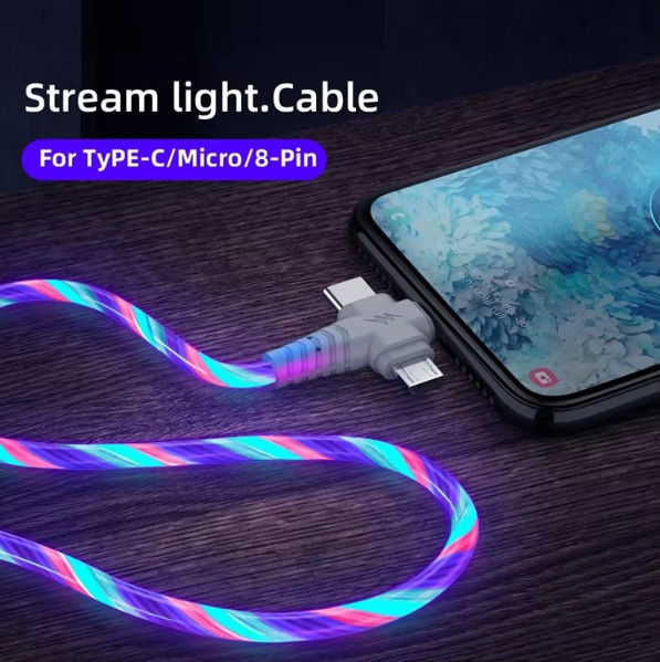3in1 Flow Luminoso Iluminação cabo USB para Samsung 3 em 1 2in1 LED Micro USB Tipo C carregador 8Pin fio para iPhone Huawei Xiaomi