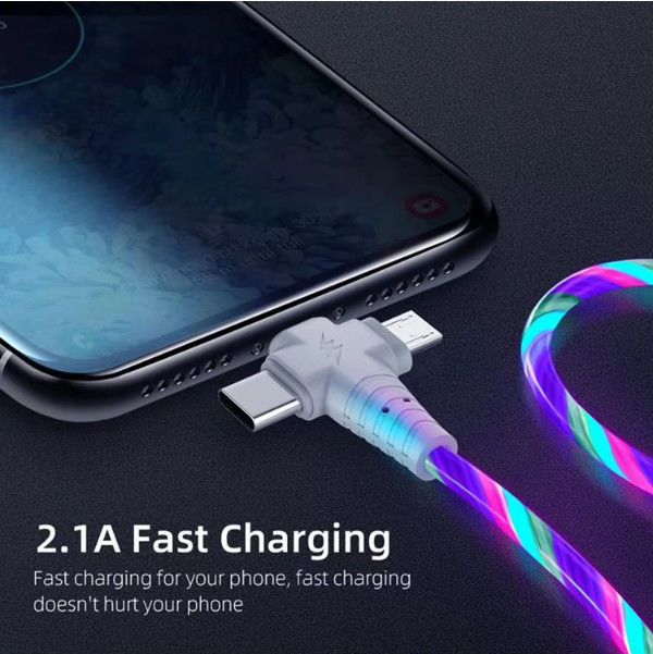 3in1 Flow Luminoso Iluminação cabo USB para Samsung 3 em 1 2in1 LED Micro USB Tipo C carregador 8Pin fio para iPhone Huawei Xiaomi